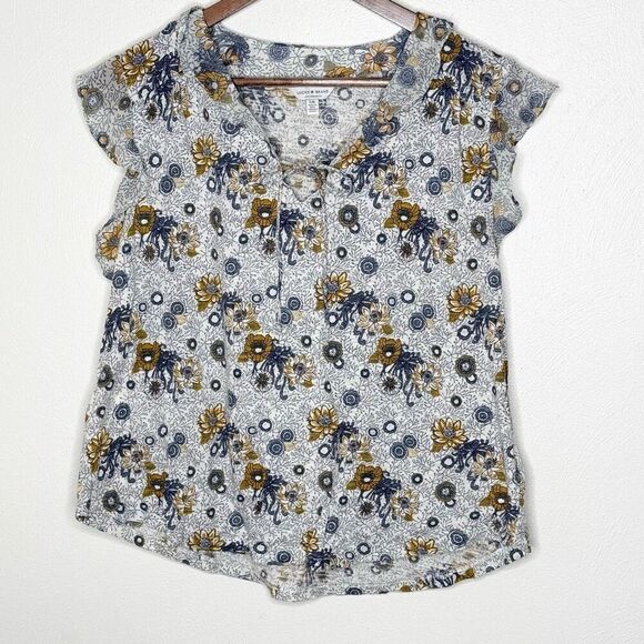 Lucky Brand Yellow Blue Floral Blouse Keyhole Flutter Sleeve - Women’s US L - Picture 1 of 8